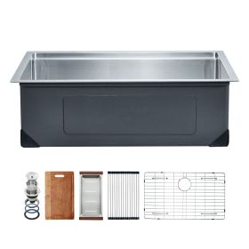 30 inch Kitchen Sink Workstation, 304 Stainless Steel Undermount Sink, Drop-In Single Bowl Farmhouse Basin with Ledge & Multiple Accessories