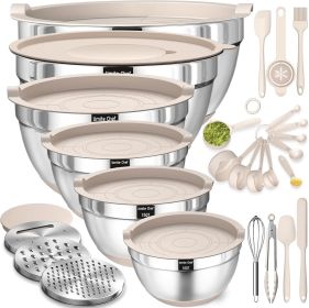 Mixing Bowls with Airtight Lids Set, 26PCS Stainless Steel Khaki Bowls with Grater Attachments, Non-Slip Bottoms Kitchen Gadgets Set, Size 7, 4,