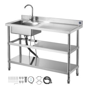 Stainless Steel Utility Sink, Free Standing Single Bowl Commercial Kitchen Sink with Faucet and Hot & Cold Water Pipe, Dual Storage Shelves for G