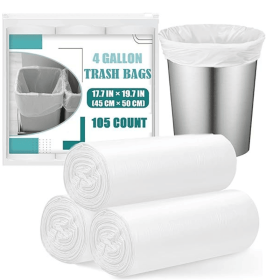 Small Trash Bags 4 Gallon - 105 Count 4 Gallon Trash Bag, Unscented Small Garbage Bags Bathroom Trash Bags, White 4 Gal Small Trash Can Liners