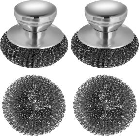 2Pack Steel Wool Scrubber Set, Stainless Steel Scrubber with Stainless Steel Handle, for Cleaning Dishes, Cast Iron, Stock Pots, Pans, Griddles