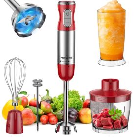HB-2016A 5-in-1 Hand Immersion Blender, 30 Speeds Handheld Blender, Copper Motor Stainless Steel Blade Stick Blender,600ml Mixing Beaker,500ml Fo (Option: Red)